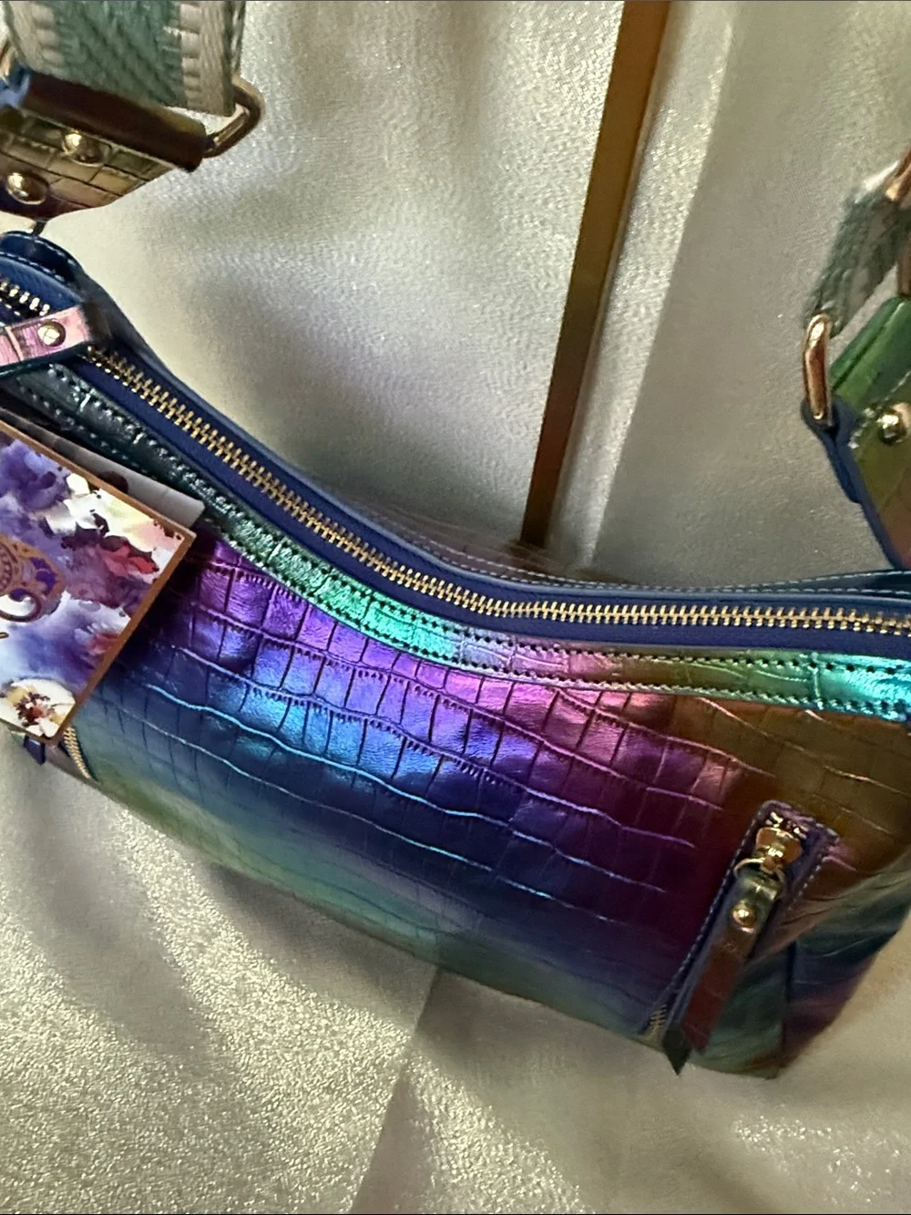 Sharif Iridescent Croc-Embossed Shoulder Bag in Multicolor